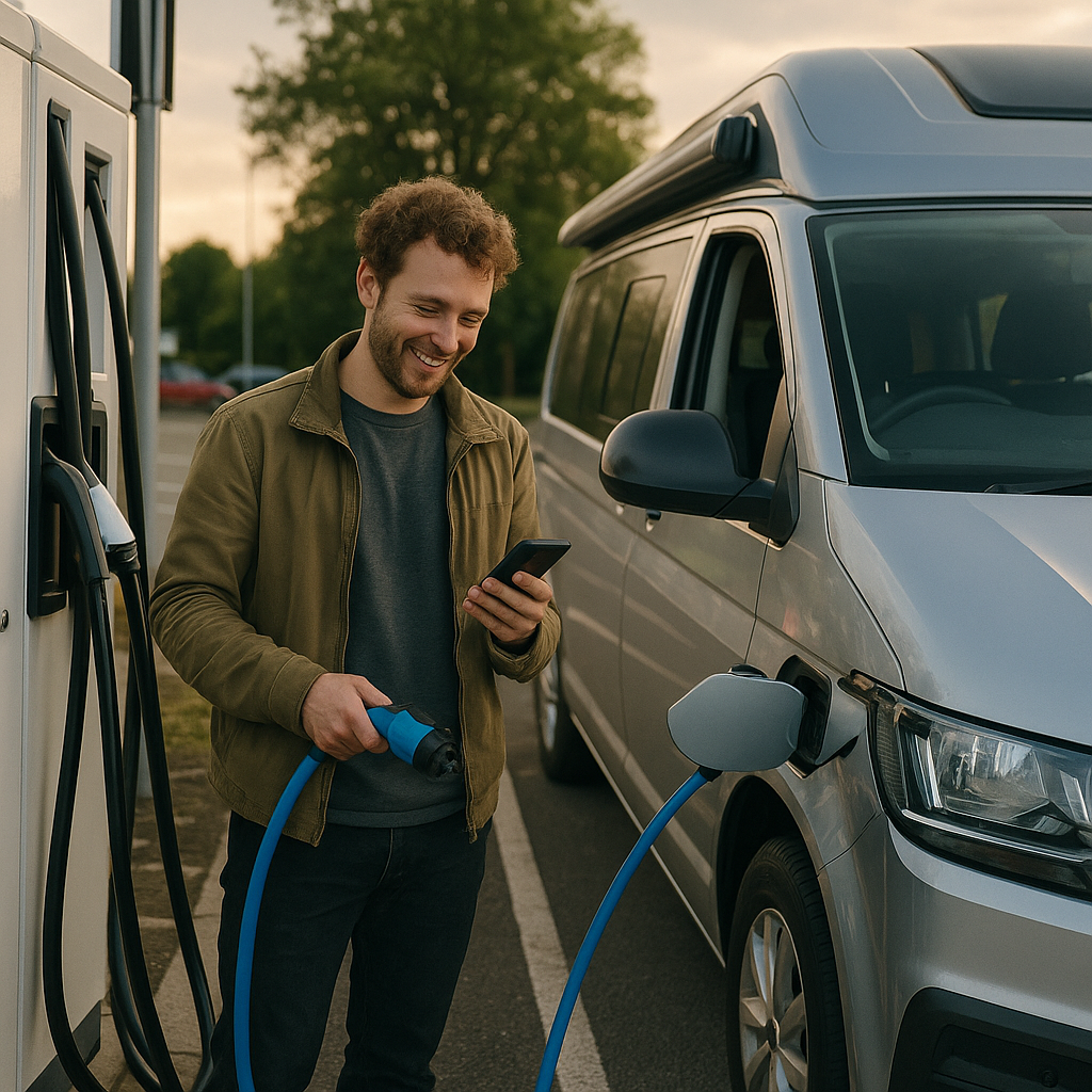 Driver charging one of the latest electric campervans at a UK service station