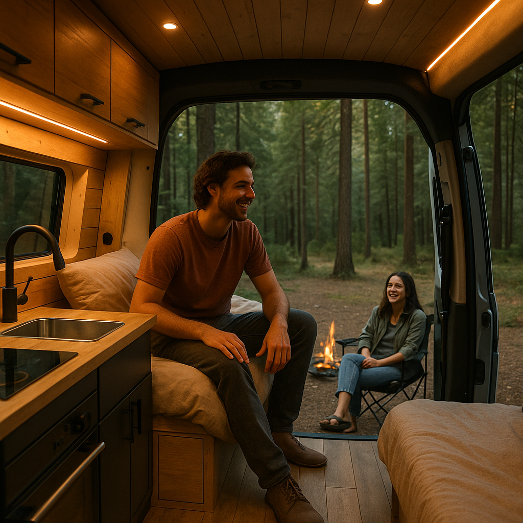 Friends relaxing in and around custom electric campervans at a forest campsite