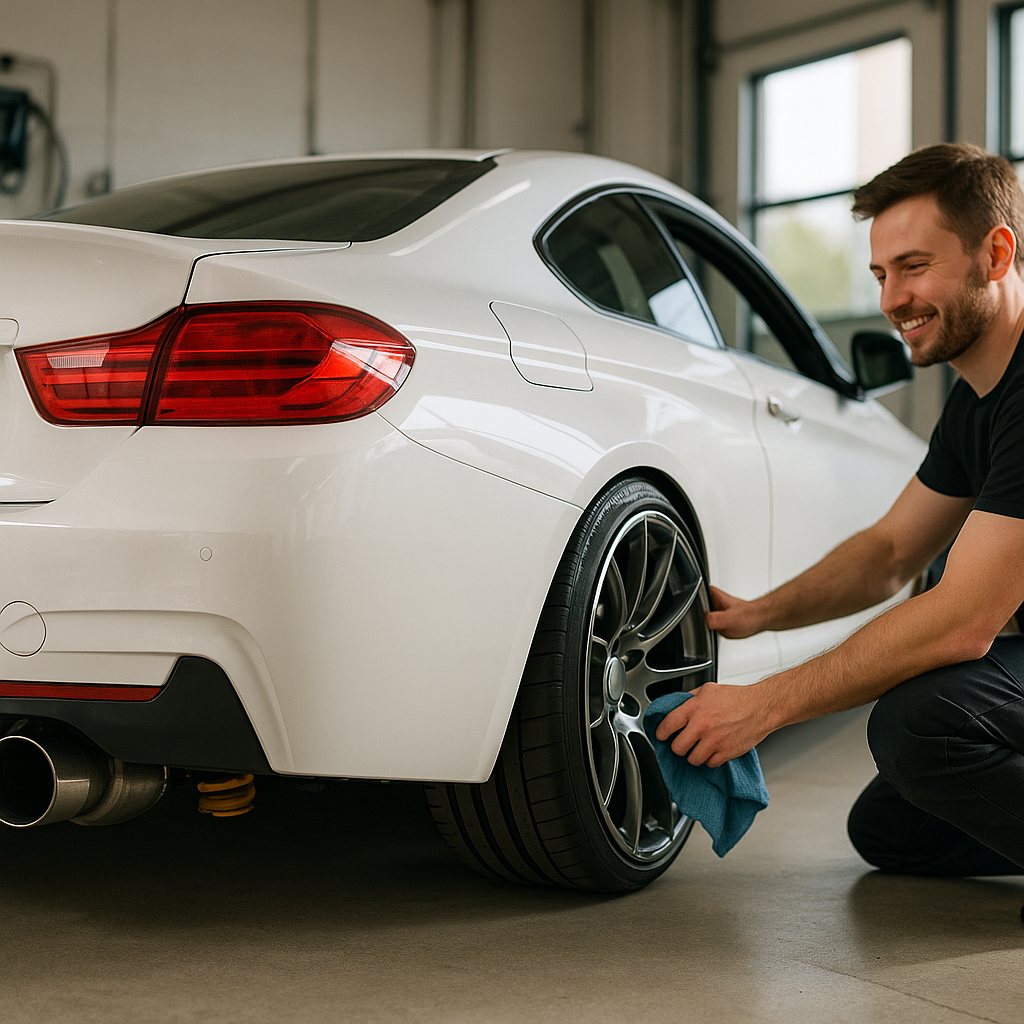 Owner preparing a slammed performance car with aftermarket parts to meet MOT rules for modified cars