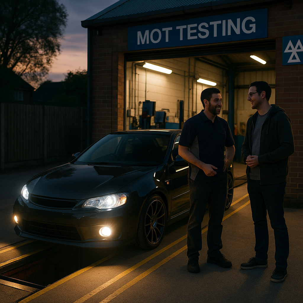 Modified car with LED lights and custom wheels at a UK test centre discussing MOT rules for modified cars