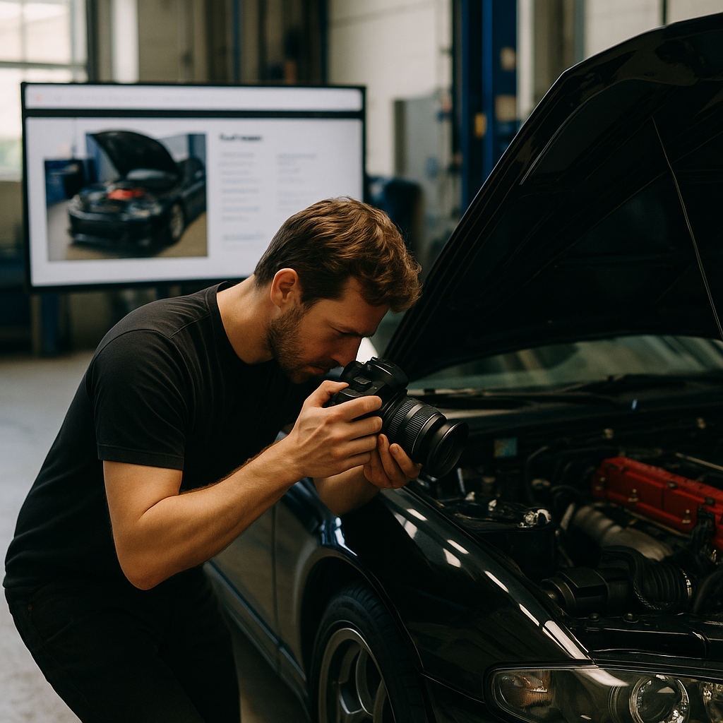 Car enthusiast documenting engine bay for an online garage for car builds