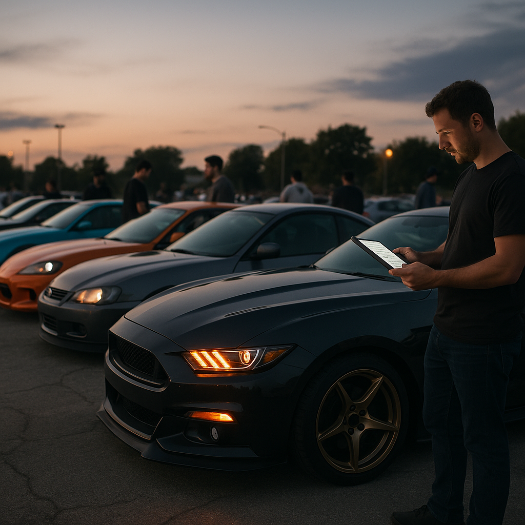 Custom car meet where an owner updates their online garage for car builds