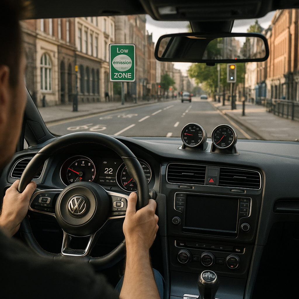 View from inside a tuned daily driving towards a sign about clean air zones and modified cars