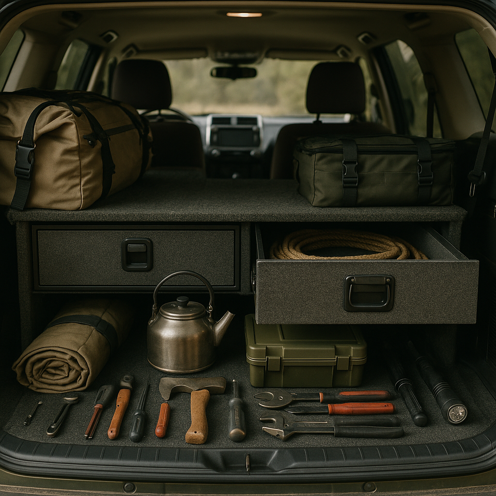 Organised storage setup inside an old-school 4x4 overlanding build