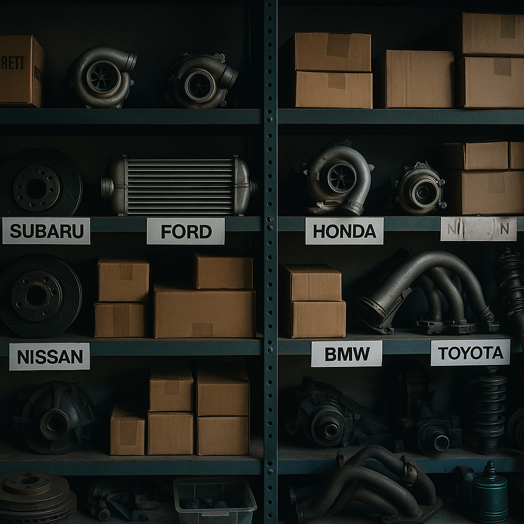 Organised garage shelves stocked with UK car spares for performance cars
