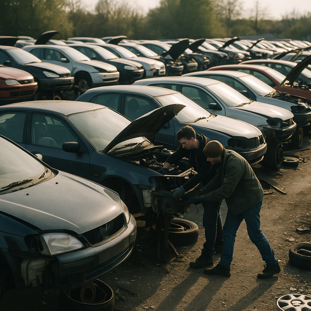 Enthusiasts stripping a donor car in a scrapyard to source UK car spares