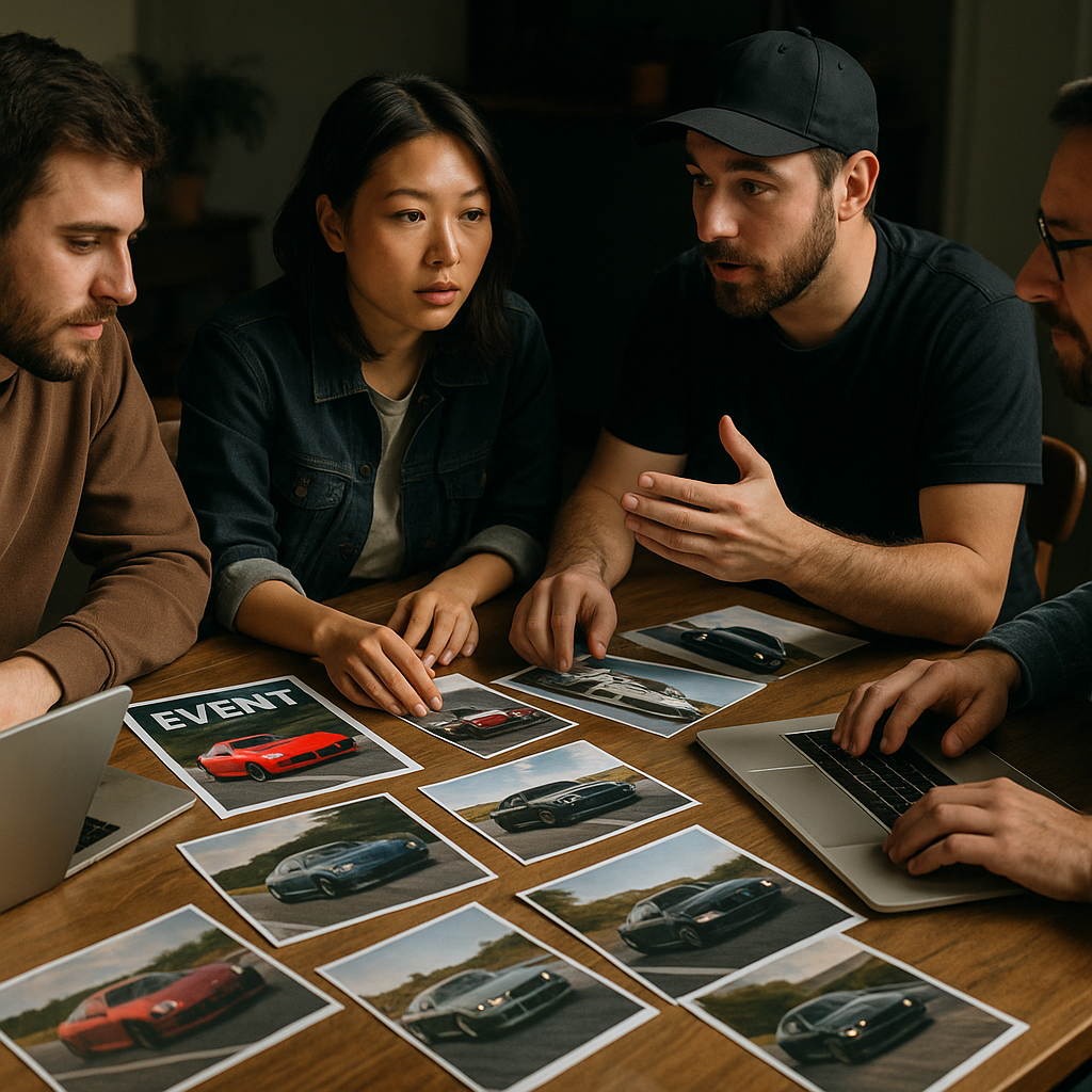 Organisers planning how to start a car club with event notes and car photos