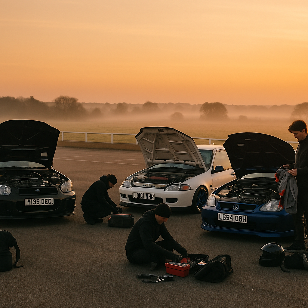 Drivers organising tools and gear in a paddock, laying out their track day essentials beside modified cars