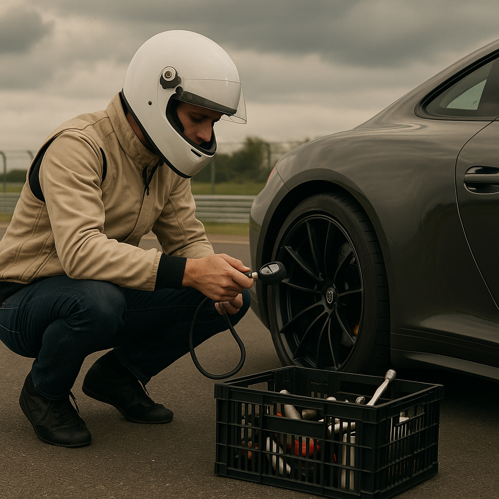 Driver checking tyre pressures with a crate of track day essentials next to a performance car at a UK circuit