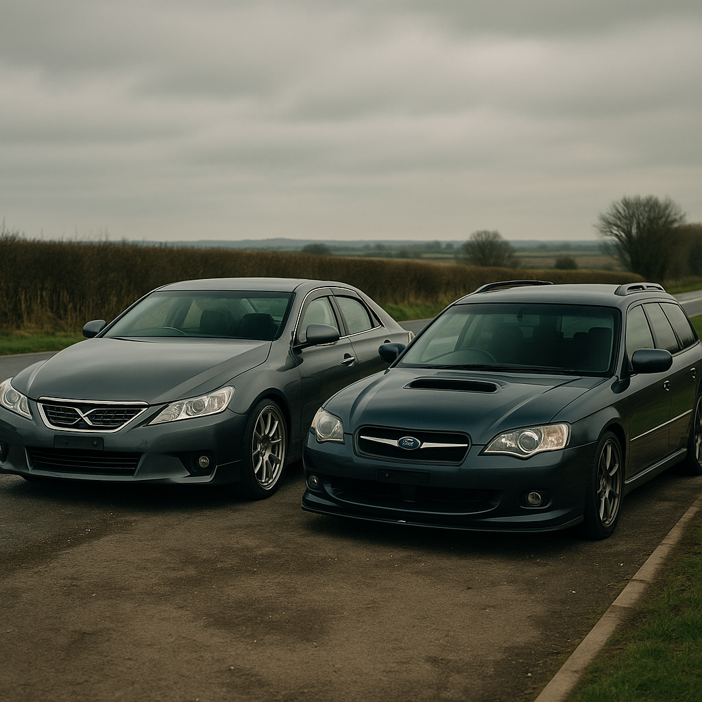 Toyota Mark X and Subaru Legacy wagon representing some of the best JDM cars to import to the UK