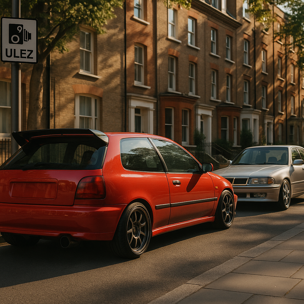 Older tuned hot hatch and saloon under a London camera sign affected by ULEZ and clean air zones