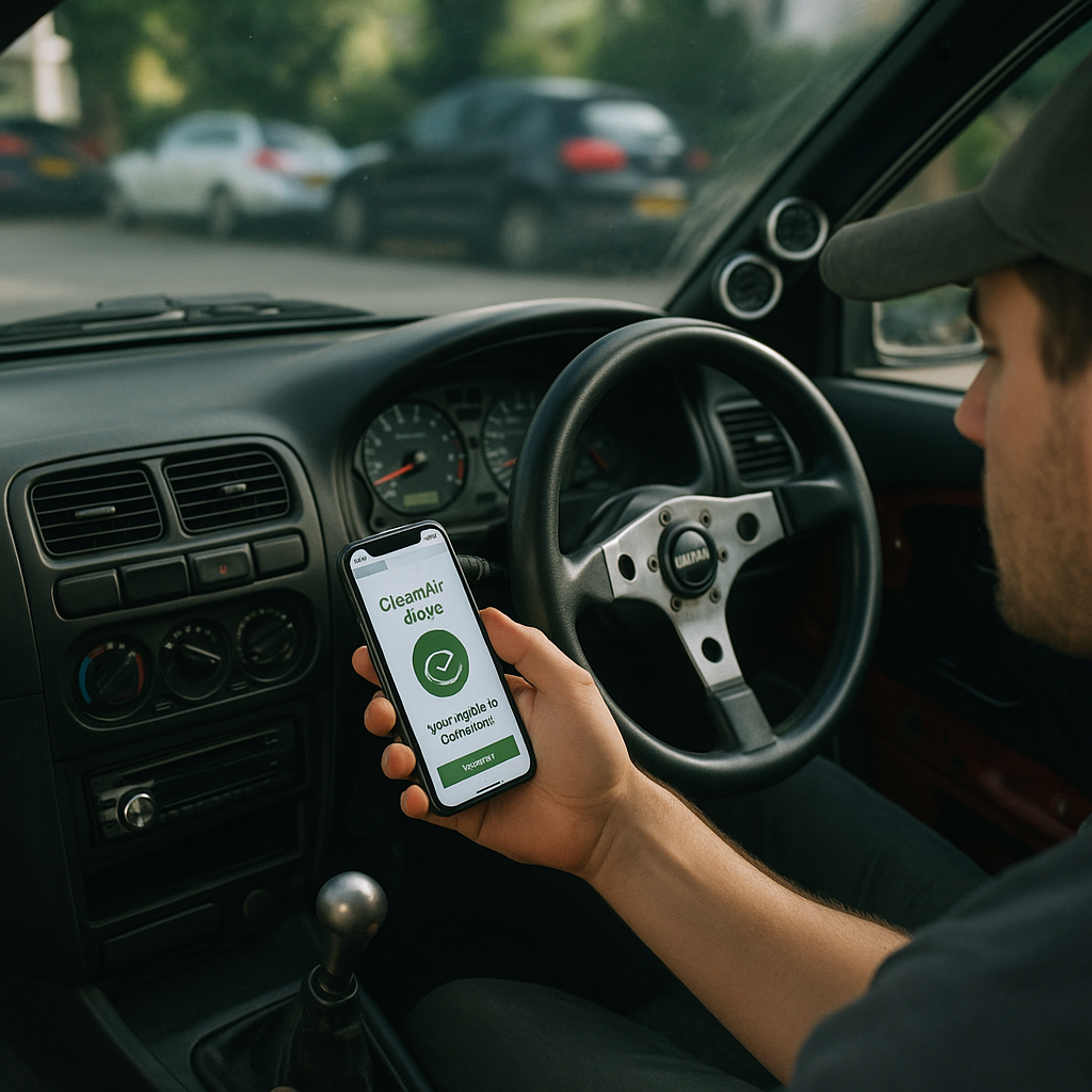 Driver in a modified project car checking ULEZ and clean air zones status on a phone