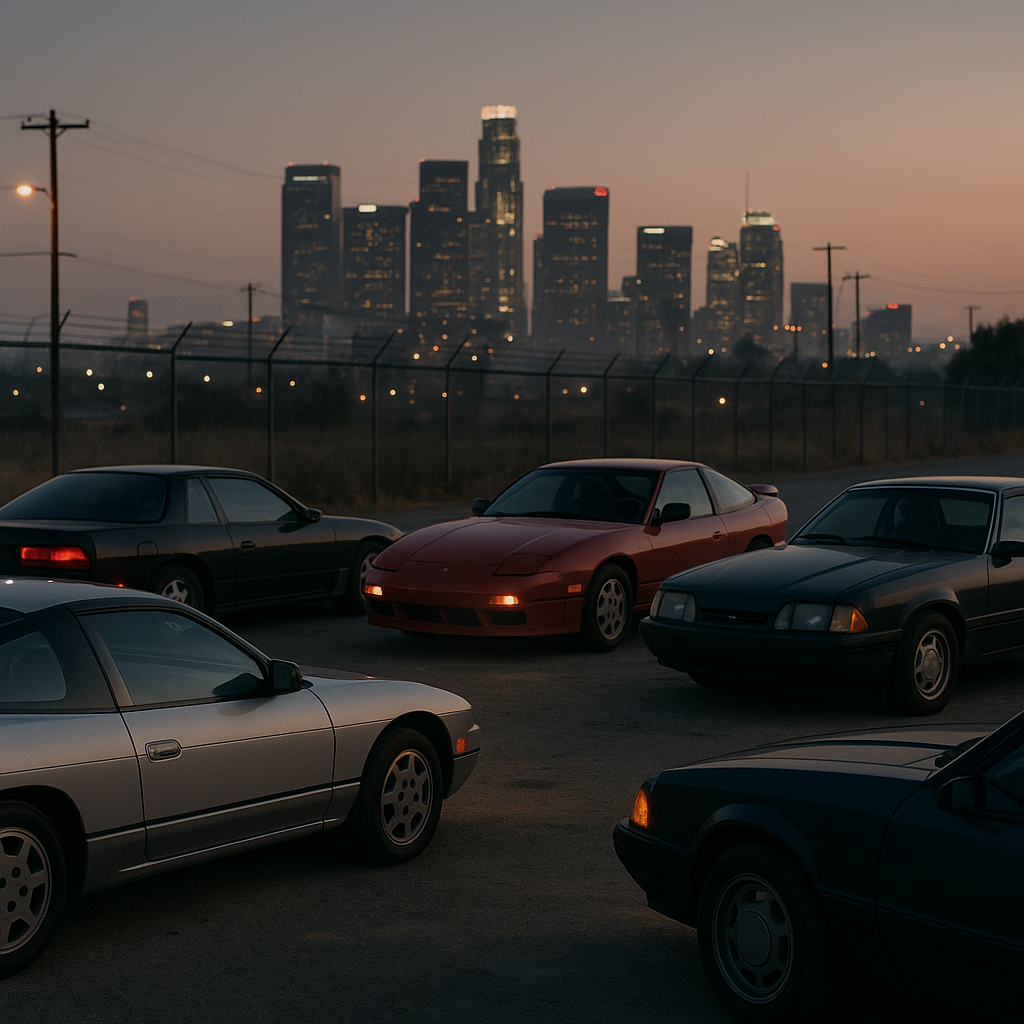 Car meet of older performance cars avoiding city ULEZ and clean air zones