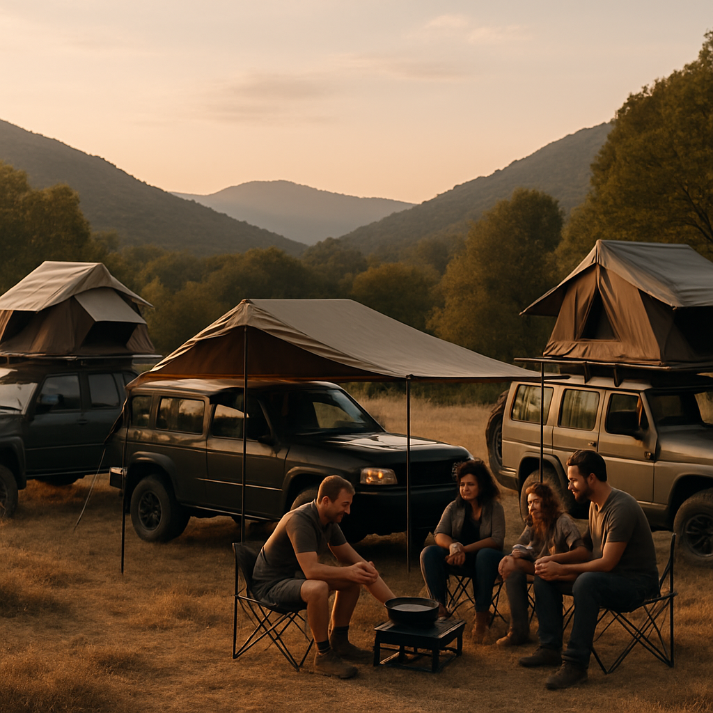 Group campsite with several 4x4s demonstrating different overlanding builds in use