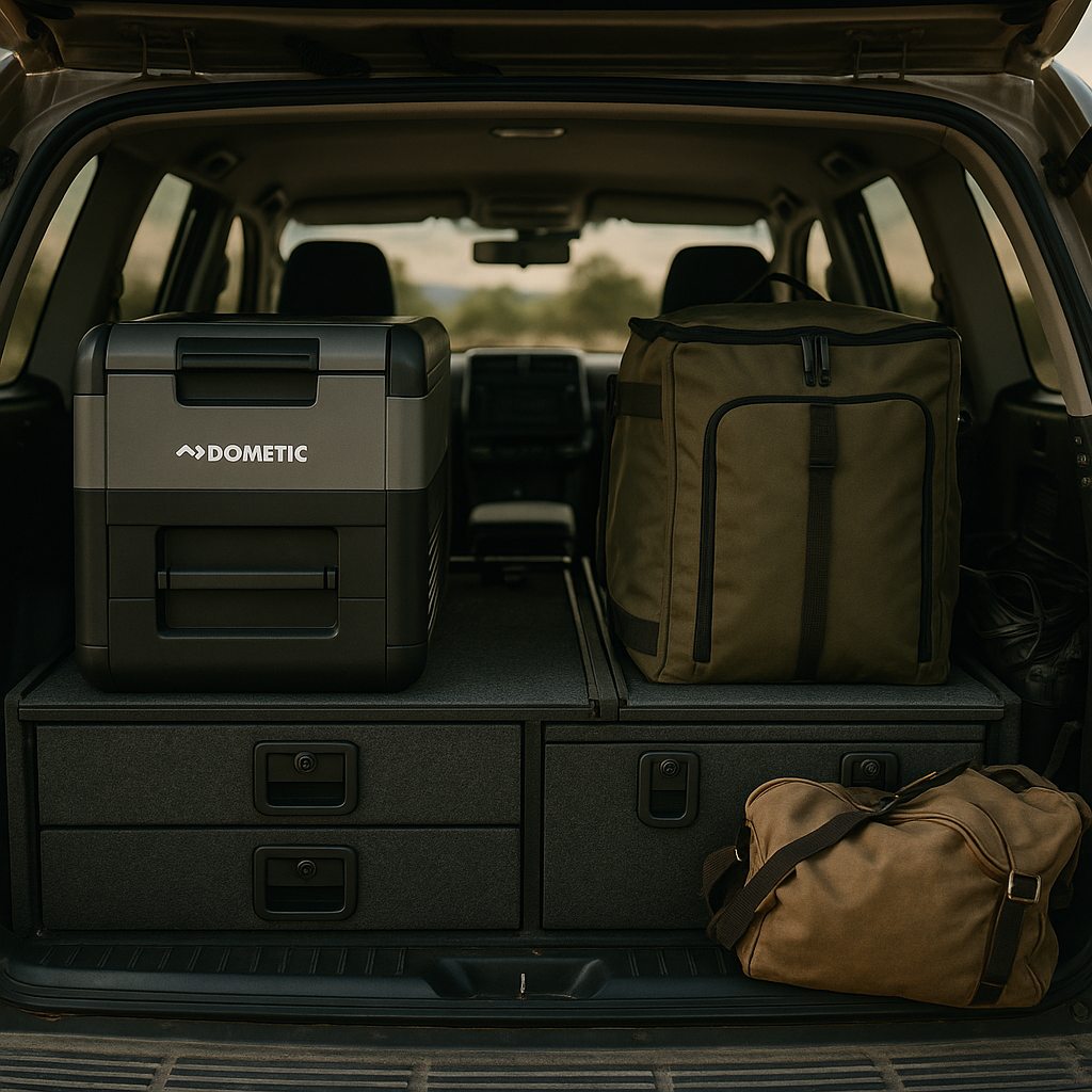 Organised rear storage system inside a 4x4 set up for overlanding builds