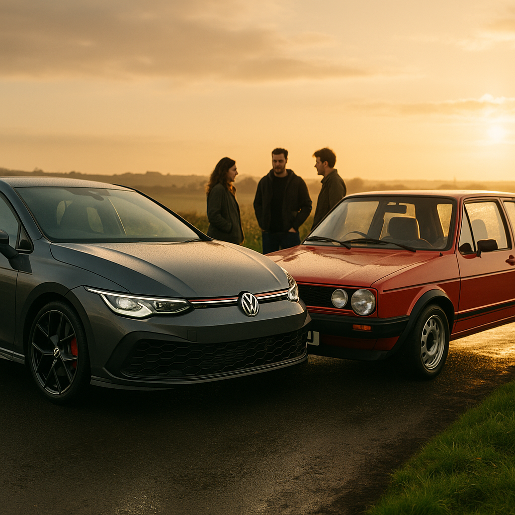 Modern and classic cars side by side on a UK B-road illustrating modern hot hatches vs old school heroes