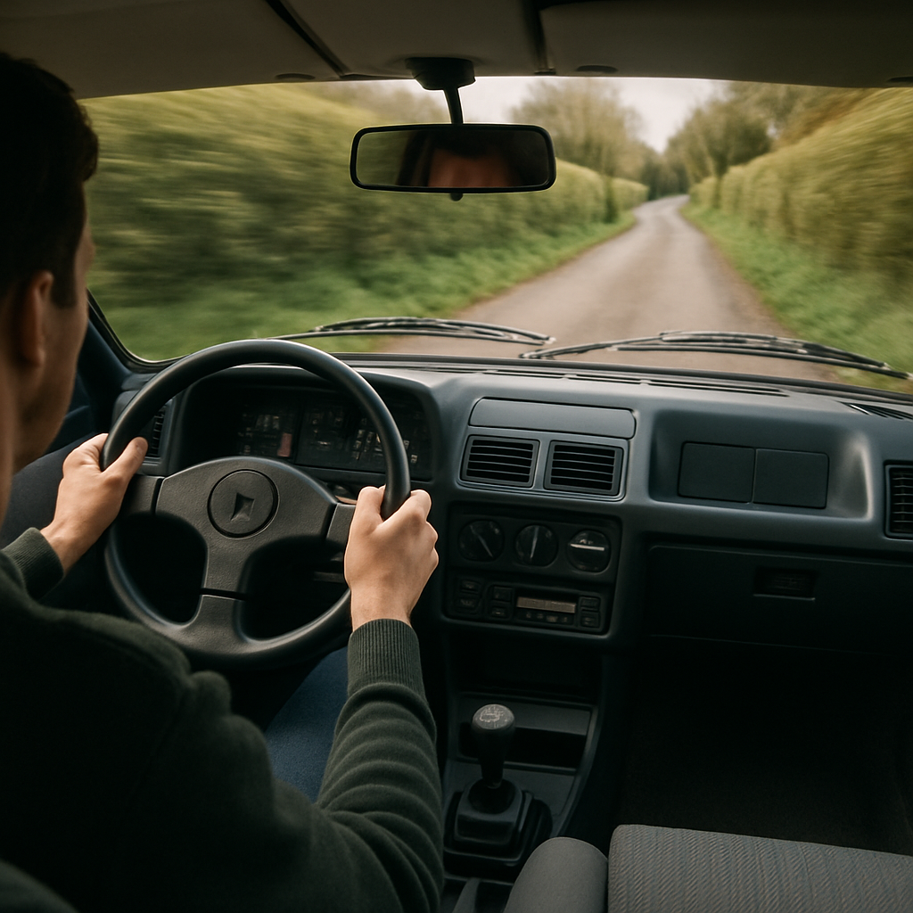 Driver enjoying a raw analogue cabin that highlights modern hot hatches vs old school heroes