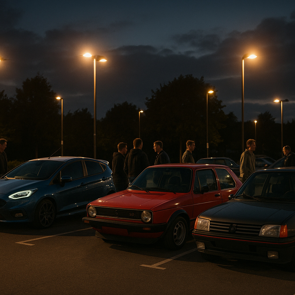 UK car meet showing the mix of tuned cars that defines modern hot hatches vs old school heroes