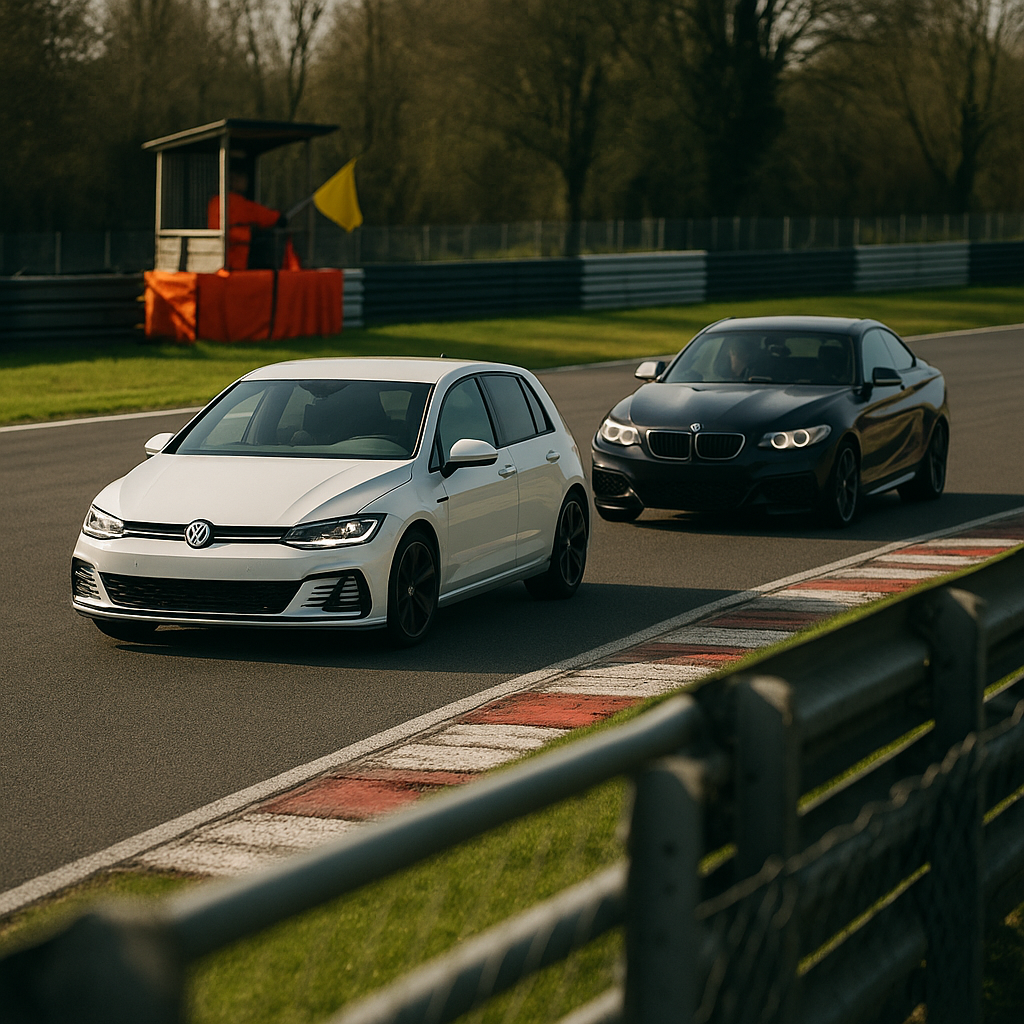 Cars exiting a bend on a circuit during UK track days with marshal post in view