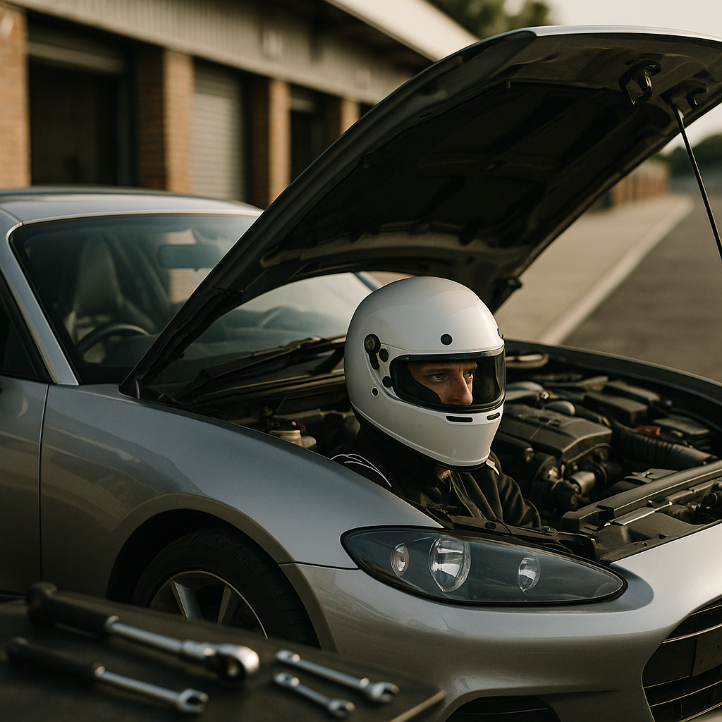 Driver checking their car in the pit lane while preparing for UK track days