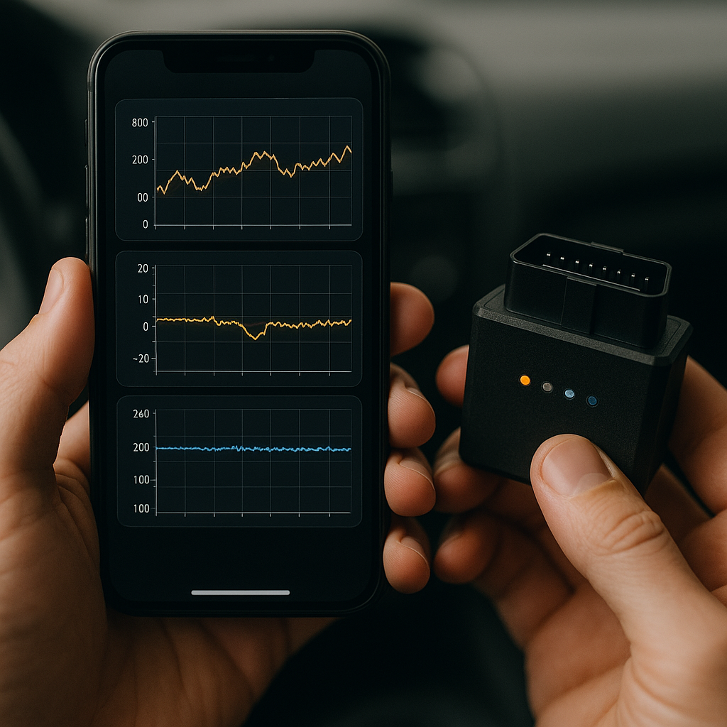 Close-up of how to use an OBD-II data logger with a smartphone diagnostic app