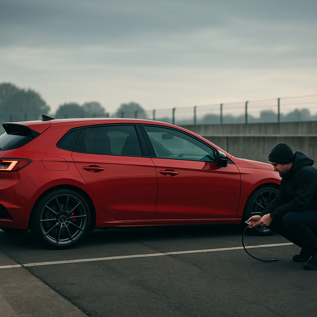 Driver checking tyre pressures during track day preparation for street car in UK pit lane