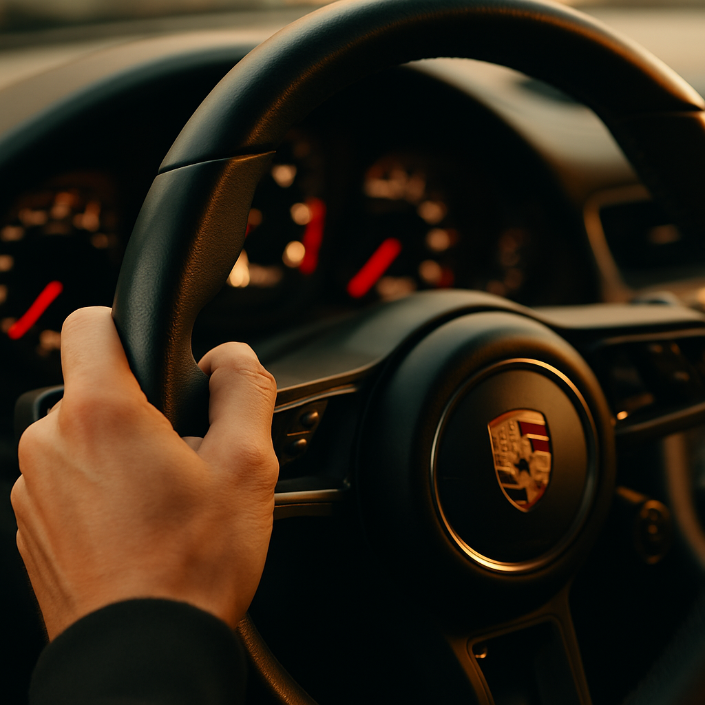Driver gripping steering wheel in a performance car illustrating the EV vs ICE driving experience from the cockpit