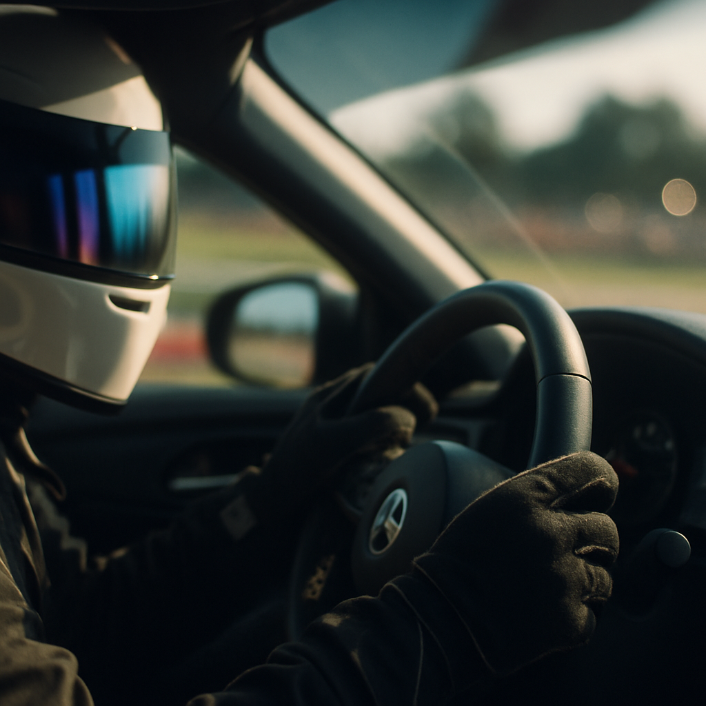 Driver in helmet gripping steering wheel during a track day beginners guide session at a UK circuit
