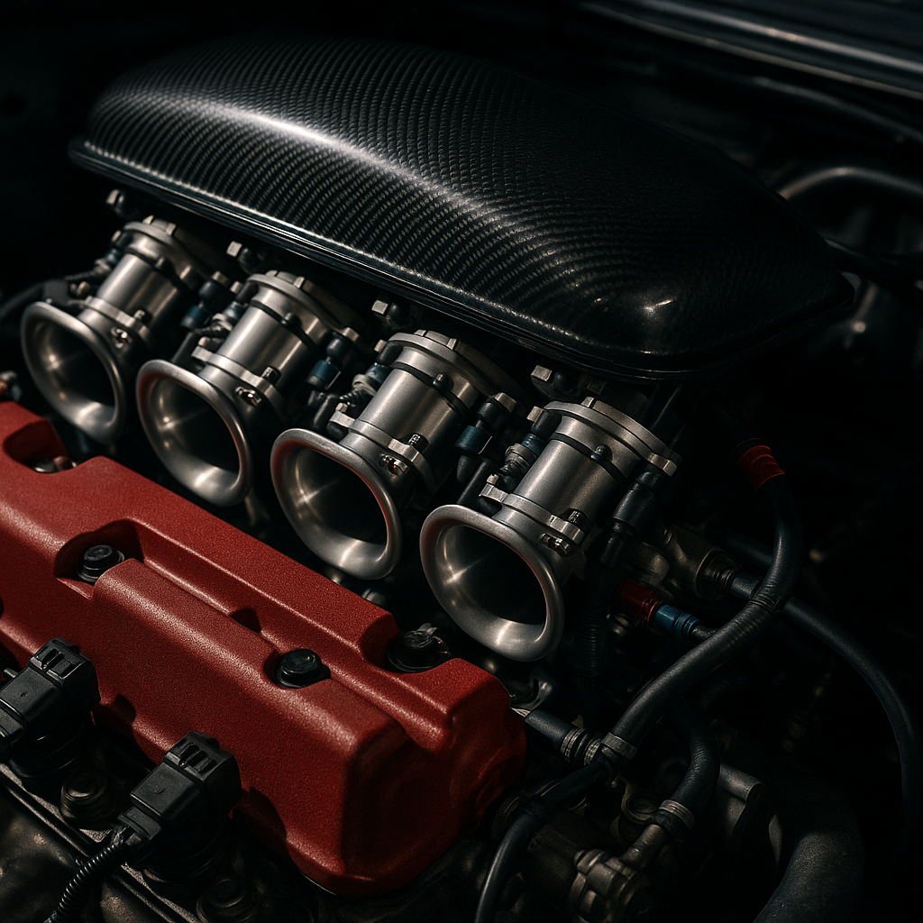 Honda K20 naturally aspirated engine with individual throttle bodies close-up detail