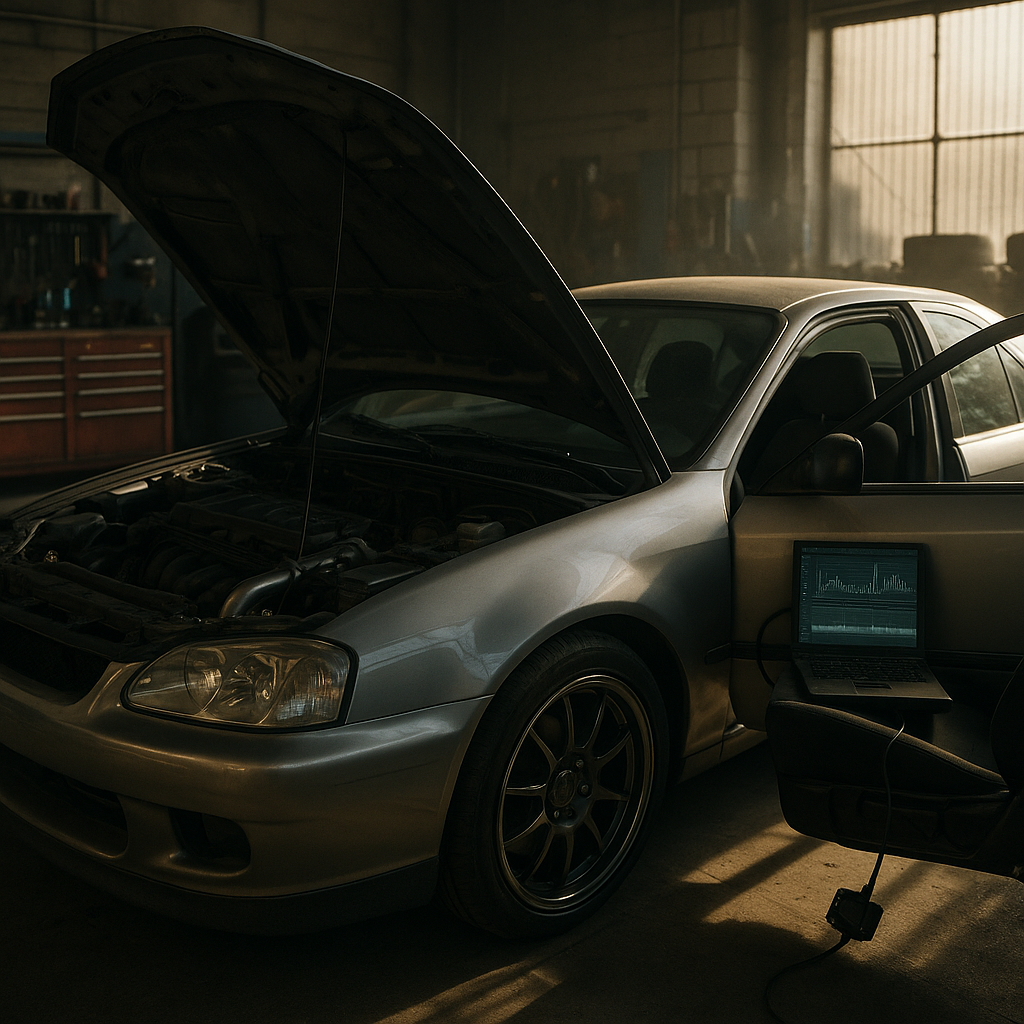 OBD-II data logger plugged into a modified car in a workshop environment