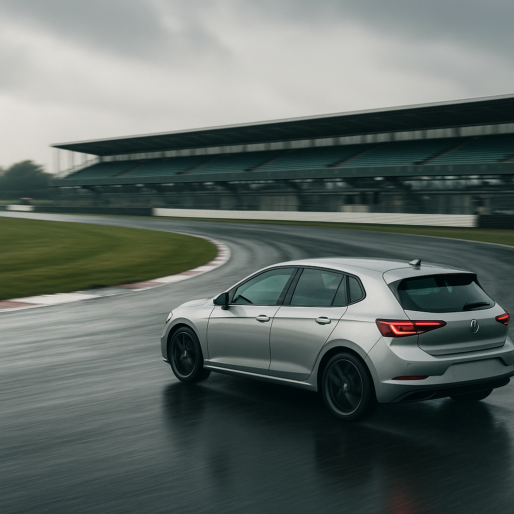Silver hatchback cornering hard at a UK motor circuit, ideal for a track day beginners guide