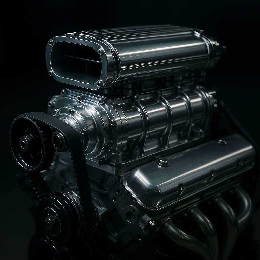 Supercharger close-up detail relevant to turbo vs supercharger which is better debate