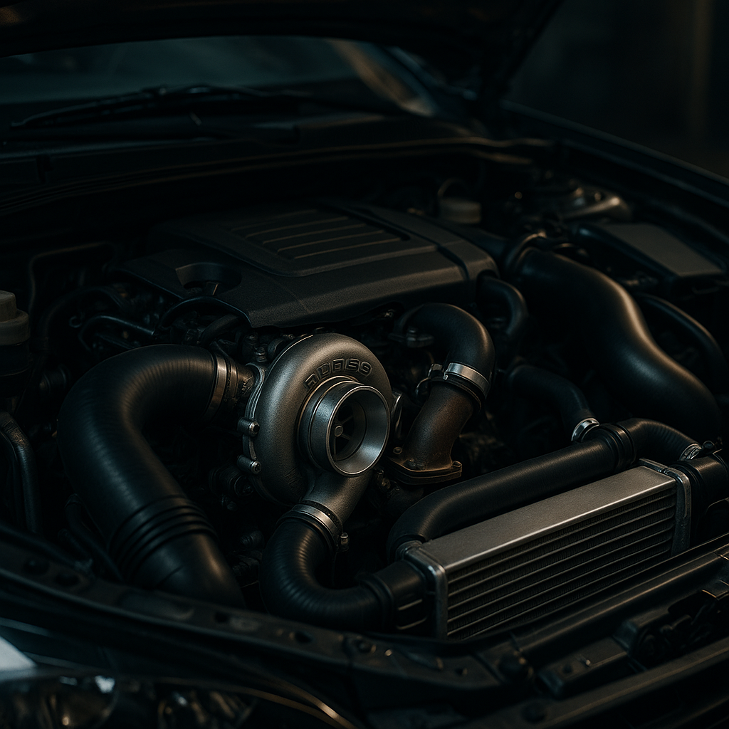Turbocharged engine bay detail of an affordable performance car showing mechanical components