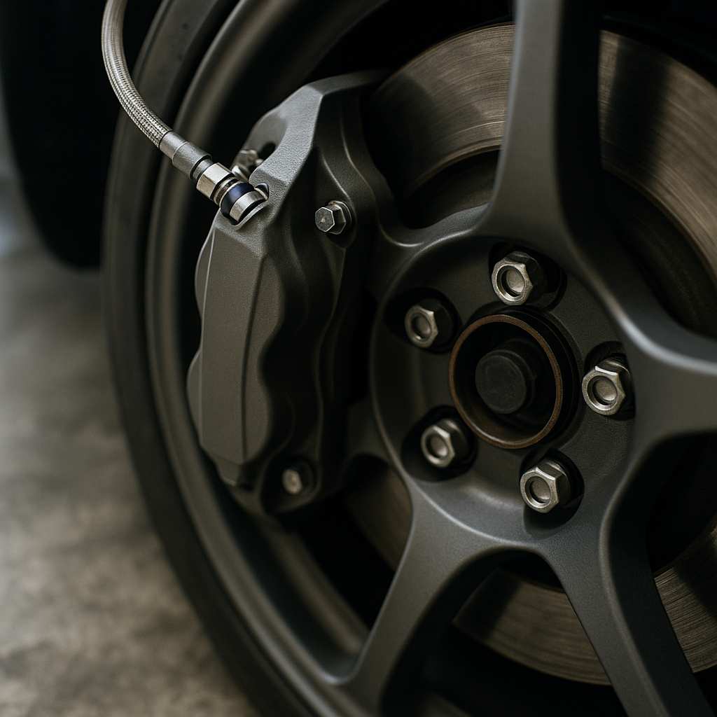 Braided brake lines and uprated calipers fitted during a budget track day car build