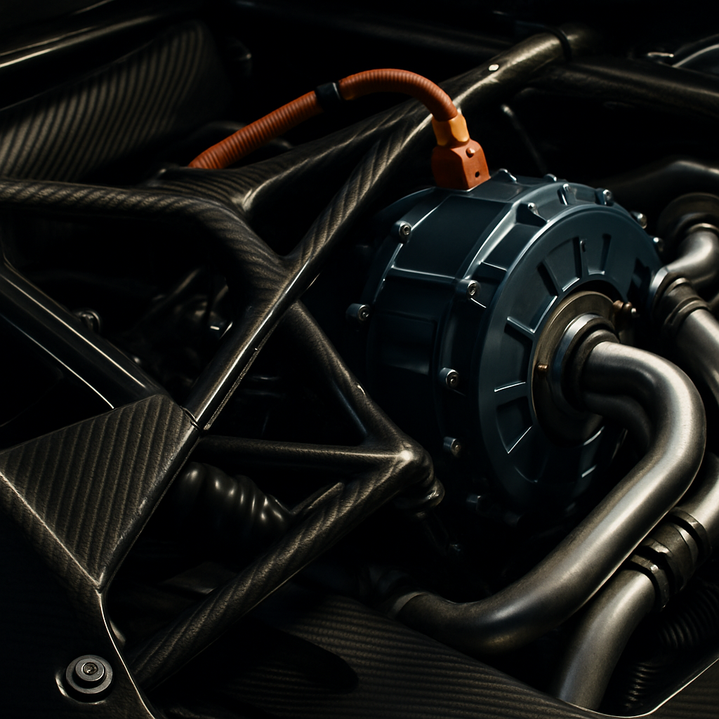 Hybrid hypercar powertrain detail showing electric motor and combustion engine integration