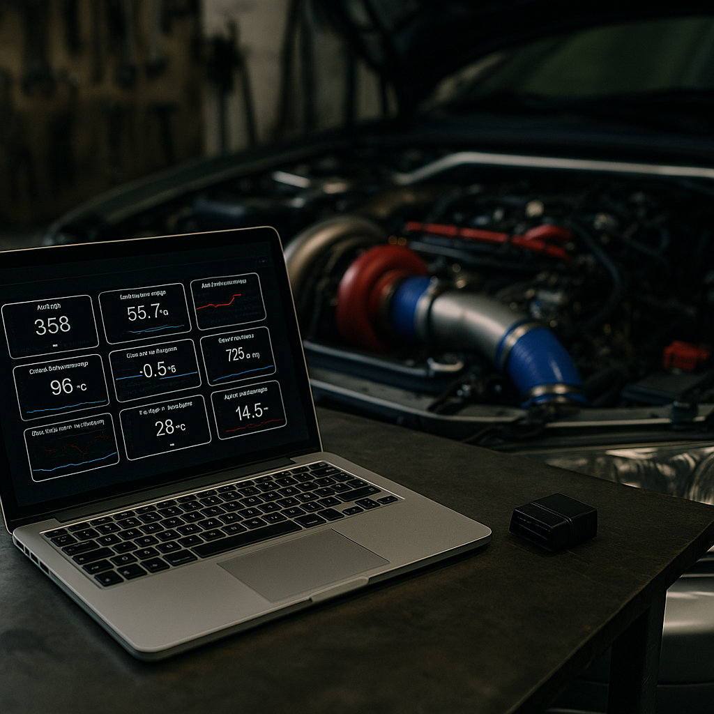 OBD-II Bluetooth dongle and laptop showing live engine data used to read OBD-II codes in a workshop