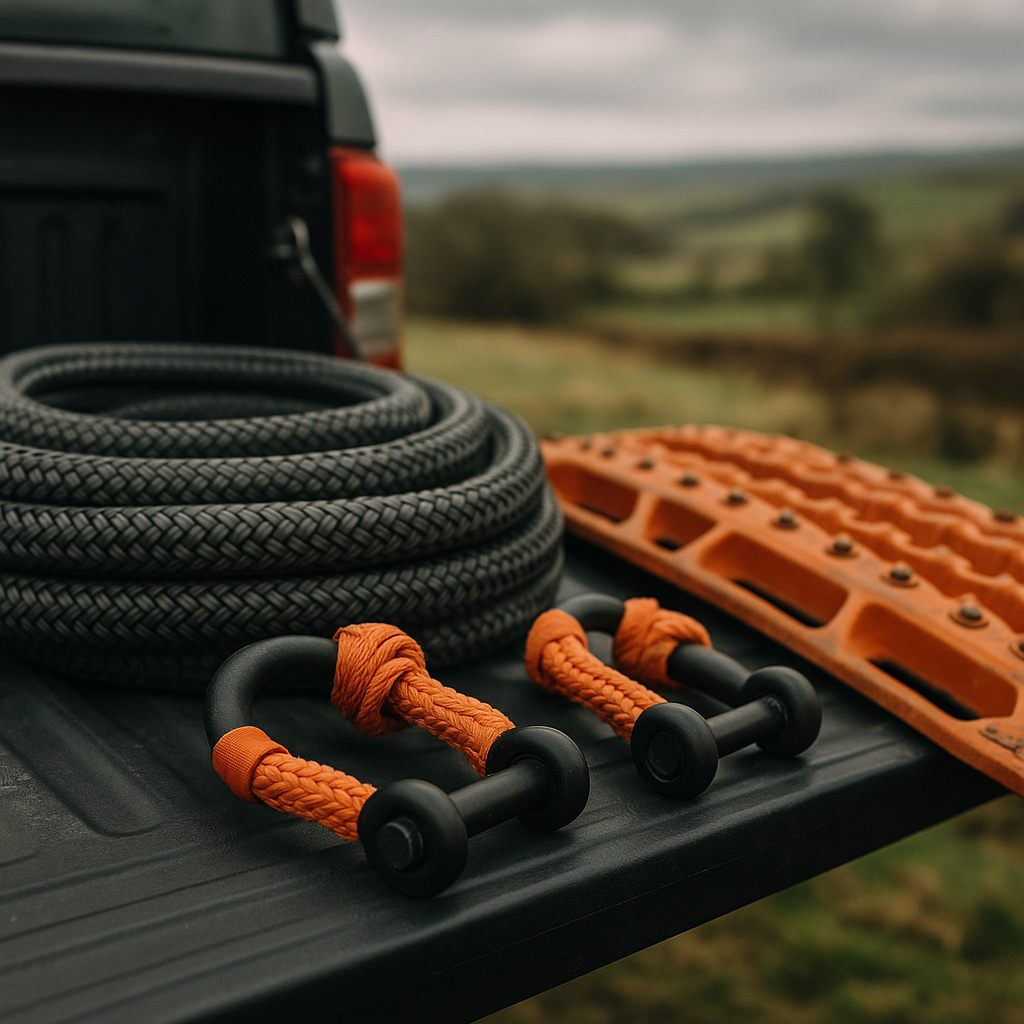 Recovery gear laid out on a 4x4 tailgate, essential equipment covered in any overlanding vehicle build guide