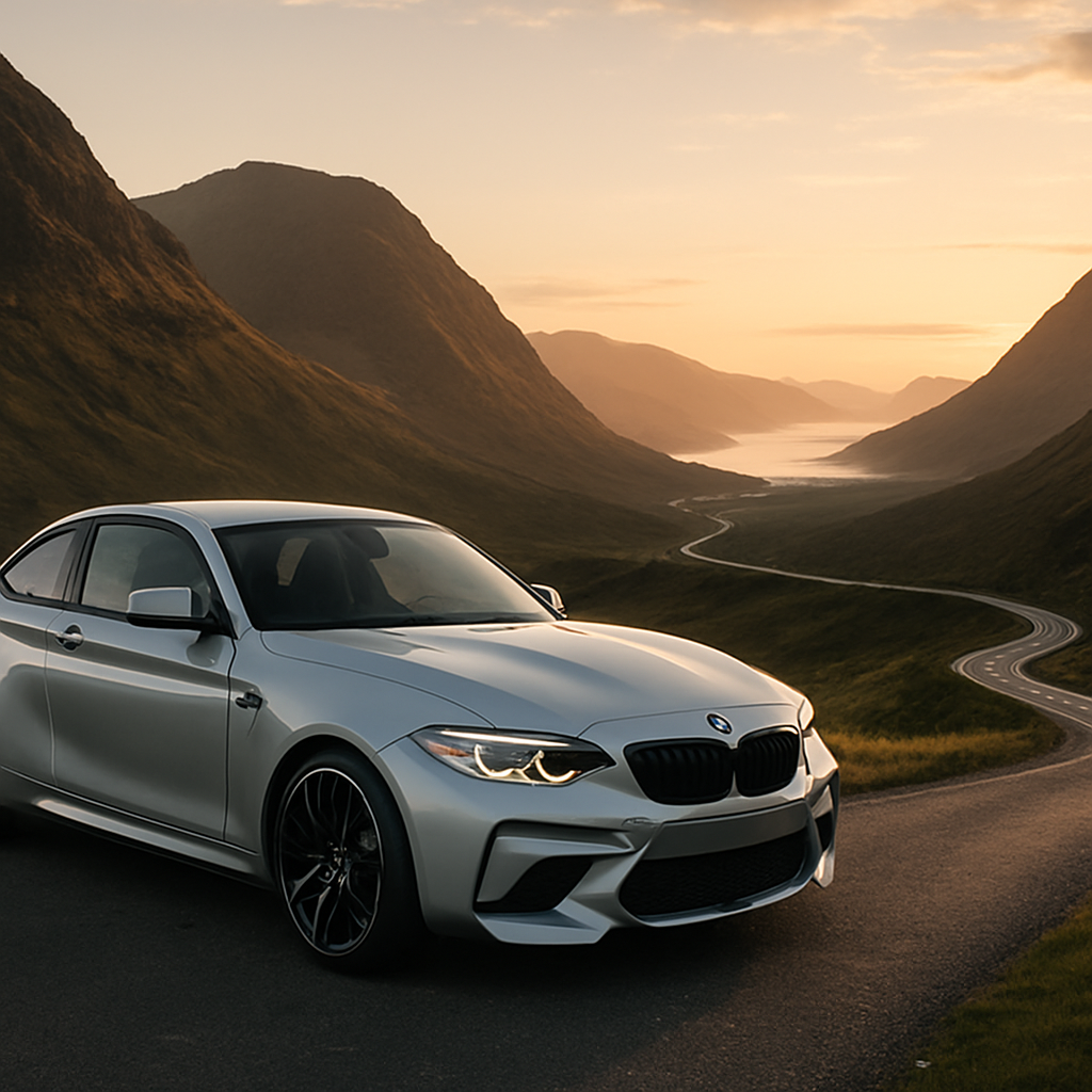 BMW M2 on a Scottish Highland pass during an NC500 road trip performance car UK adventure