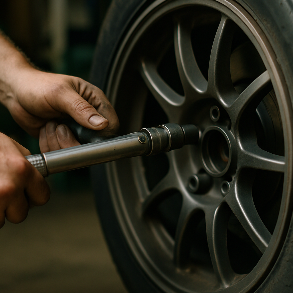 Close-up of tyre and wheel maintenance on a modified car, highlighting tyre wear costs when running a modified car