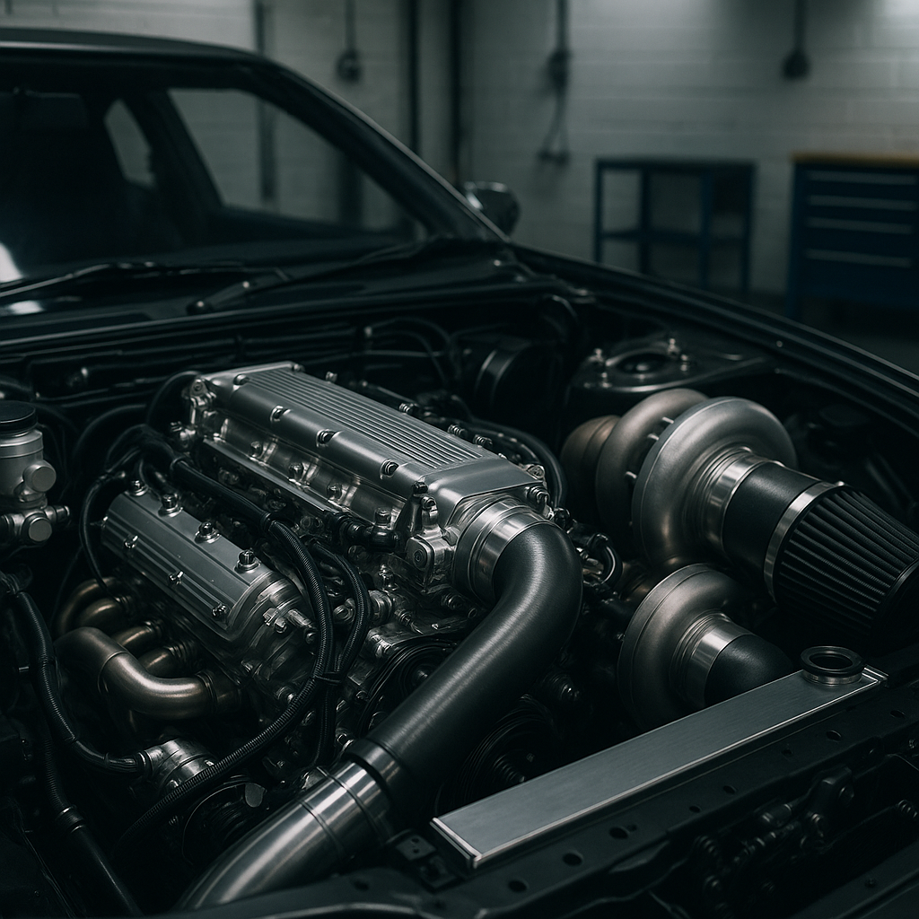 Modified turbocharged engine bay relevant to engine modification car insurance UK