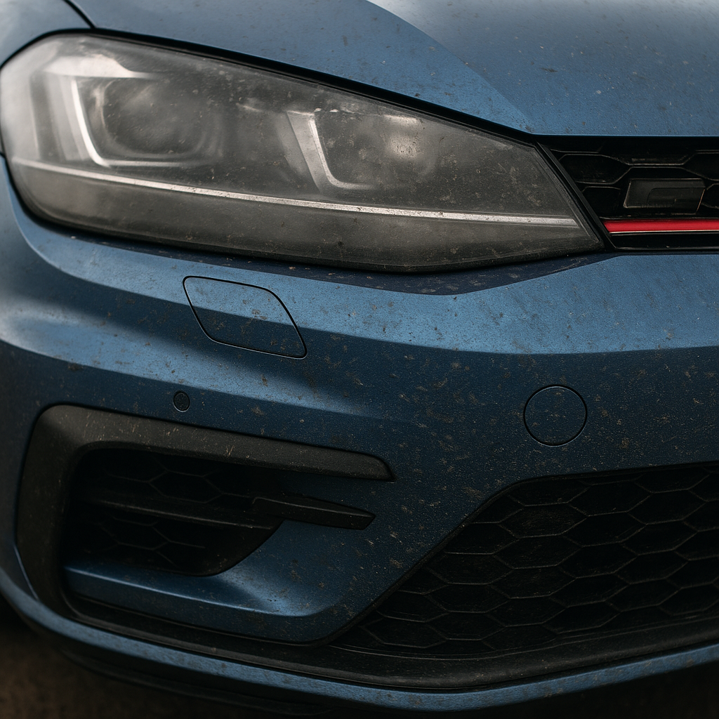 Performance car paintwork showing road debris damage during an NC500 road trip in the UK