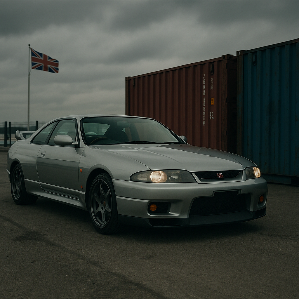 Silver Nissan Skyline GT-R at a UK dockside, representing rising JDM imports UK prices 2026