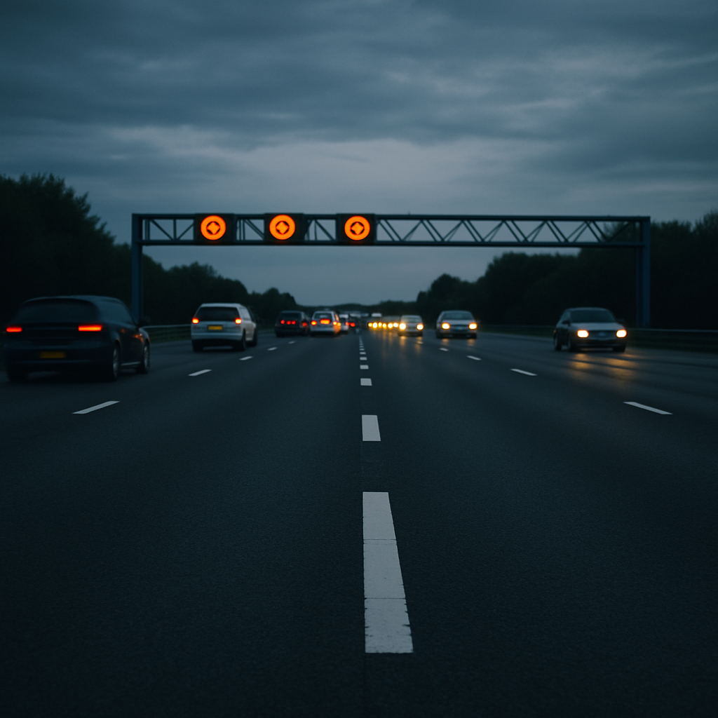 UK motorway at dusk with variable speed limit gantry signs illustrating UK motorway driving laws myths
