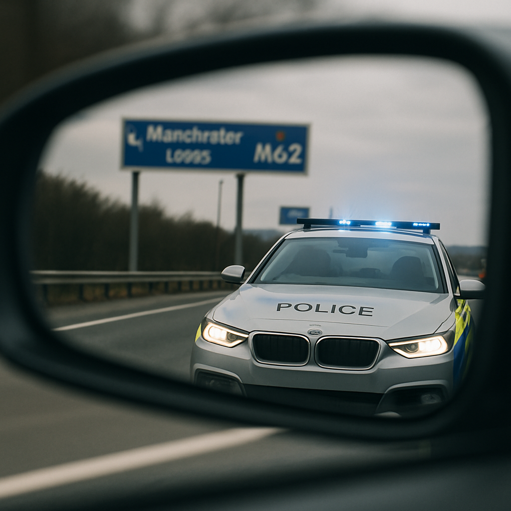 Unmarked police car visible in rear-view mirror on UK motorway, relevant to UK motorway driving laws myths
