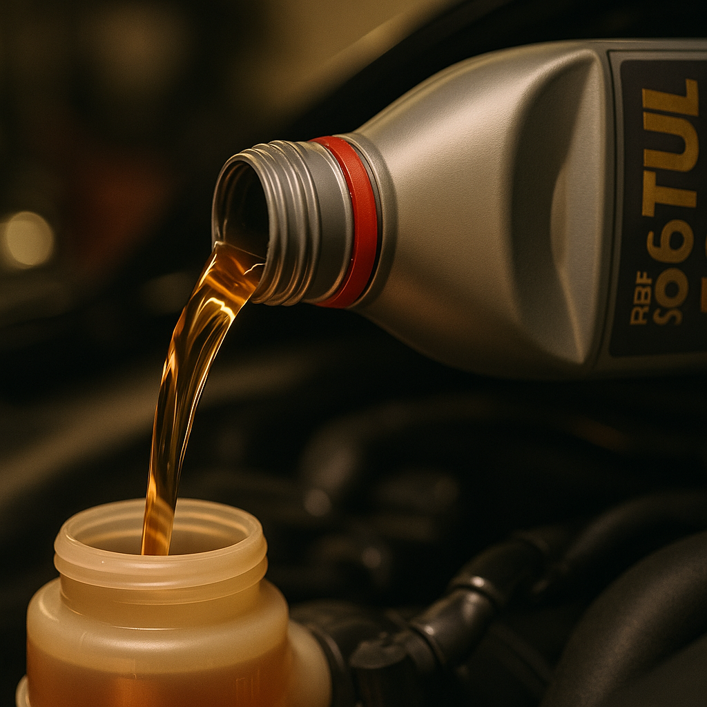 Close-up of brake fluid DOT 5.1 being poured into a brake reservoir for track day UK use