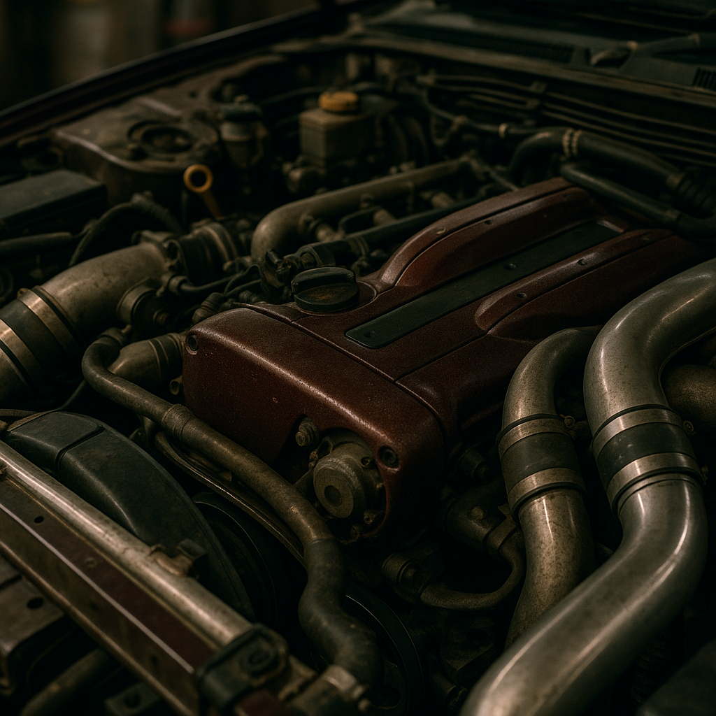 RB26 twin-turbo engine bay detail showing the maintenance complexity relevant to 90s JDM sports car running costs