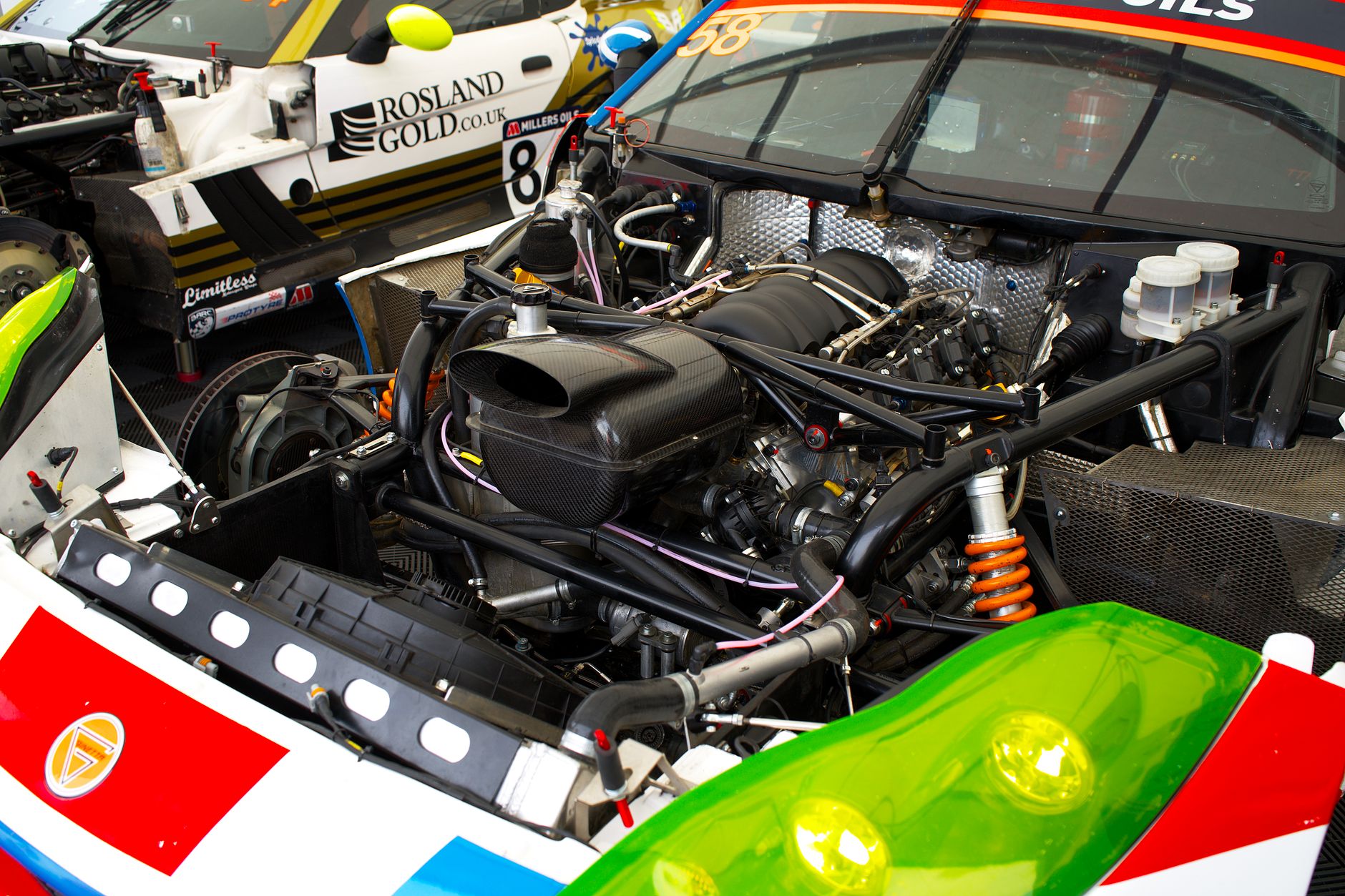 Engine bay of a budget track day car prepared for UK circuit use